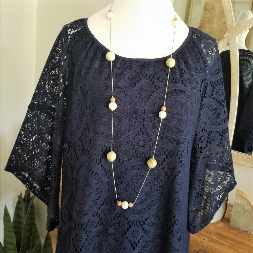 Dress. Navy Blue Medallion Lace. Tacera Brand. Size Medium. - Picture 2 of 11